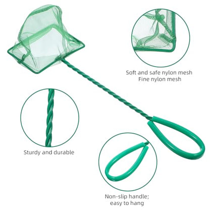2 PCS 4 Inch Fish Net Aquarium, Green Square Fish Tank Net Fine Mesh Quick Catch Fish Nets Aquarium Fishes Nets with 9.8 Inch Braided Metal Handle for Fishes Tanks Small Ponds and Pools
