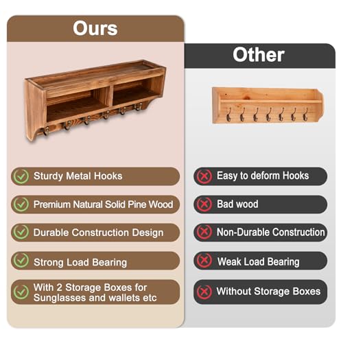 Key Holder Wall Mount with Mail Organizer, 6 Hooks & Shelf, Brown - color: Brown