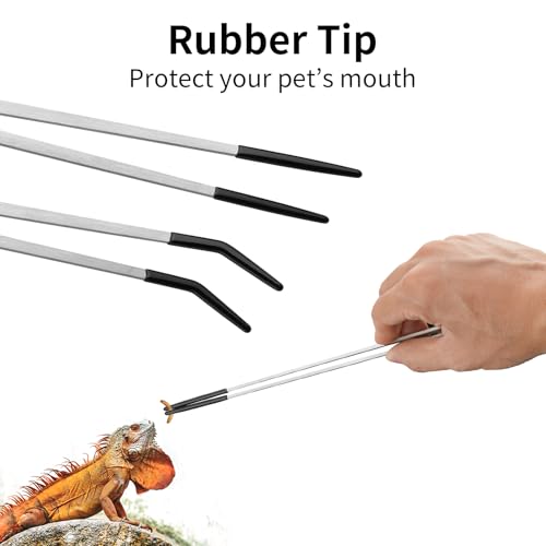 Novery 2PCS Stainless Steel Reptile Feeding Tongs with Rubber Tip, 10.6” Straight & Curved Long Tweezers for Aquarium or Craft, Bearded Dragon Tank Snakes Enclosure Accessories, Terrarium Supplies