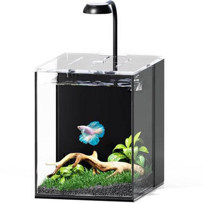 2 Gallon Fish Tank Aquarium Kit with Hidden Filtration, LED Light, Lid, Small Rimless Glass Betta Tank