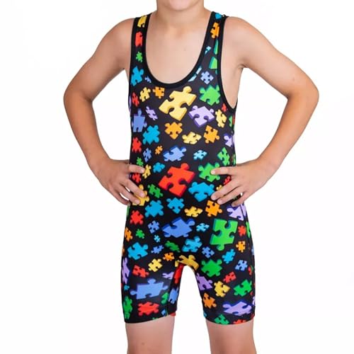 KO Sports Gear Adult Wrestling Singlets, Funny & Holiday Designs, XS-3XL - color: Autism Awareness, size: Small