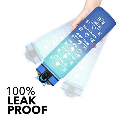Hyeta Water Bottle with Straw & Time Marker, Plastic 32oz Leakproof - color: Green-Blue