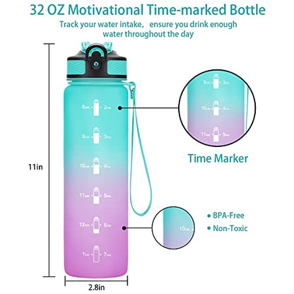 EYQ 32oz Water Bottle with Straw, Time Marker, Blue Purple - color: 5.Green/Purple Gradient