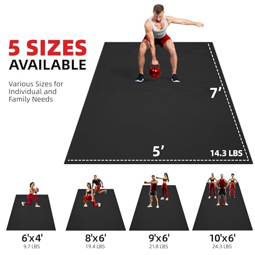 GymCope Extra Large Exercise Mat 10'x6'/9'x6'/8'x6'/7'x5'/6'x4' (8mm) | Thick Workout Mat for Home Gym & Garage Flooring, Shoe-Friendly, High-Density, MMA, HIIT, Weight Lifting, Cardio&Strength - color: 7'x5'x8mm-Black