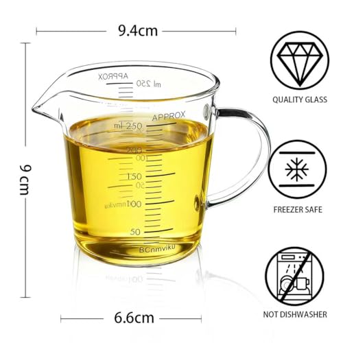BCnmviku Glass Measuring Cup 250ml 1Cup High Borosilicate [Insulated Handle | V-Shaped Spout]For Prepping Baking and Cooking Preheated Oven Dishwasher Freezer and Microwave Safe