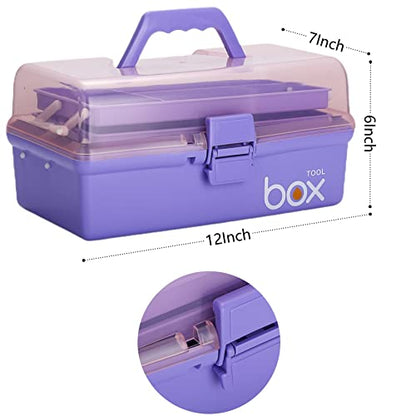 12'' Three-Layer Clear Plastic Storage Box/Tool Box, Multipurpose Organizer and Portable Handled Storage Case for Art Craft and Cosmetic (Purple)