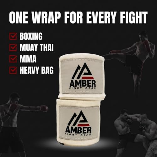 Amber Fight Gear Semi Elastic Professional 180-Inch Hand Wraps with Hook and Loop Closure for Boxing Kickboxing Muay Thai MMA for Men and Women - color: White