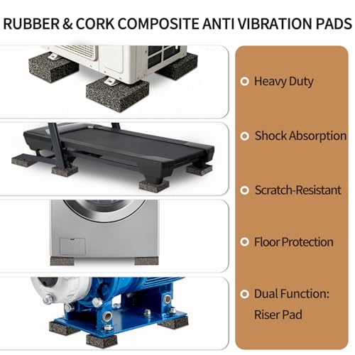 Thick Rubber-Cork Anti Vibration Pads, 4 x 4 x 1 Inches 4 Pcs Cuttable Sound Isolation Mats, Non Slip Dampening Blocks, Shock Absorbing Padding Feet for Air Compressor Washing Machine Treadmill - size: 4"x4"x1", 4pcs