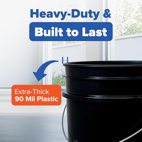 5 Gallon Bucket - Food Grade Bucket, Metal Handle Grip, BPA-Free, Heavy-Duty 90 Mil HDPE Plastic Pail, Stackable Utility Container, Made in USA, Lid Not Included, Black, 120 Packs - color: Black, size: 120 Packs