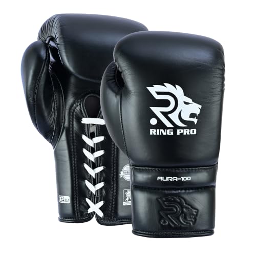 Aura 100 Full Grain Leather Lace Up Boxing Gloves for Men & Women – Professional Training, Sparring, Competition, Muay Thai, Kickboxing & Heavy Bag Gloves - color: Black, size: 16 OZ