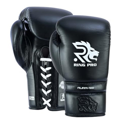 Aura 100 Full Grain Leather Lace Up Boxing Gloves for Men & Women – Professional Training, Sparring, Competition, Muay Thai, Kickboxing & Heavy Bag Gloves - color: Black, size: 12 OZ