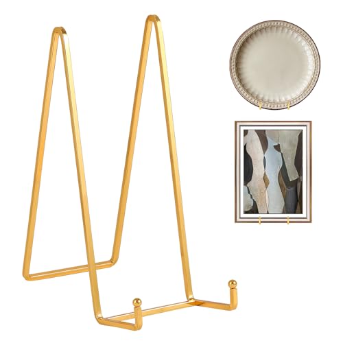 Large Plate Holder Display Stand - 10 inch Tall Plate Stands for Display - Metal Picture Frame Stand - Big Tabletop Easel Stand for Decorative Plates | Platter | Book | Plaque | Tile - 2 Pack - Gold - size: 10 inch-2