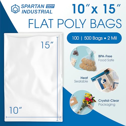 10" X 15" Open-End Flat Poly Bags (100 Count) - 2 Mil Plastic Clear Bags for Packaging, Shipping, Storage - No Adhesive Strip - Spartan Industrial - size: 10" X 15"