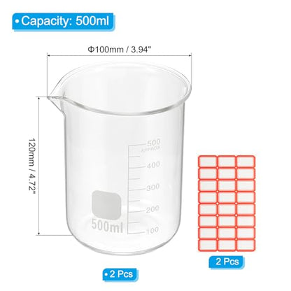 PATIKIL 500ml Glass Beaker, 2 Pack Measuring Glass Beaker Graduated Borosilicate Lab Cups Mug Low Form Heat Safe Transparent with Spout Label for Laboratory Science Kitchen Liquids - size: 500ml