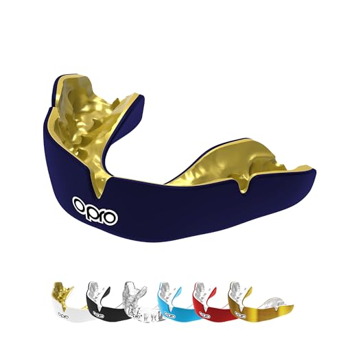 OPRO Instant Custom-Fit Mouthguard – Dentist Level Gum Shield Adult and Kids – OPRO Mouth Guard Boxing and MMA, Self-Fit Gum Shield Rugby – Maximum Protection with Dental Warranty (Dark Blue/Green) - color: Dark Blue/Gold, size: Youth (Under 10)