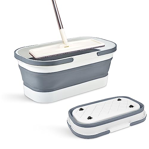 Collapsible Plastic Bucket with Wheels 12L (3.17 Gallon) for House Cleaning, Camping, and RV - Multi-Purpose Rectangular Handy Basket for Cleaning Mop - Lightweight and Portable (Grey) - color: 12l-grey