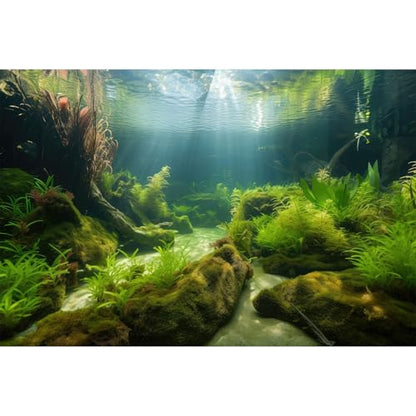Underwater Aquarium Background Underwater Aquatic Plants with Sunbeams Fish Tank Background Rock with Lush Moss Terrarium Background Aquarium Backdrop For Tank Decorations Poster Vinyl 30x12in