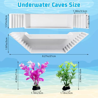 Aquarium Underground Tunnel Fish Tank Cave Viewing Shrimps Hideout Hermit Crab Decor with 2PC Plastic Aquatic Plants for Betta Guppy Cherry Shrimp and and Other Small Aquatic Animals (White