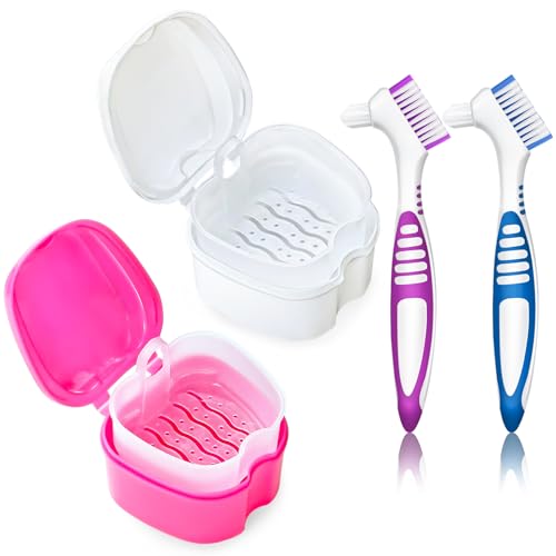 Denture Cup Retainer Cleaning Case False Teeth Soaking Container with 2 Brushes, Dental Retainer Cup Holder Case Denture Soaking Storage Box Case - White & Rose Red - color: White & Rose Red