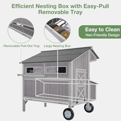 Large Chicken Coop with Wheels for 4-6 Chickens, Mobile Outdoor Chicken House with 3 Nesting Boxes & Roosts, Heavy Duty Reinforced Frame, Waterproof Roof, Pull-Out Tray, Wooden Poultry Cage