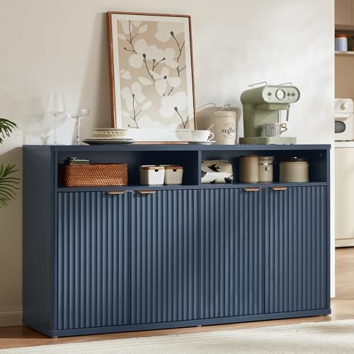 LEYAOYAO Fluted Buffet Cabinet with Storage, 55" Wide Wood Sideboard Credenza with 4 Doors & Open Storage Shelf, Modern Kitchen Console Accent Cabinets, Coffee Bar Table for Dining Room, Dark Blue - color: Dark Navy Blue, size: 15.35"D x 55.12"W x 31.89"H