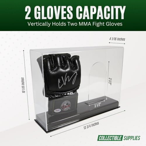 Deluxe Double MMA Glove Display Case | Fight Glove Display Case with Sturdy Base & Stand | Crystal Clear Acrylic UV Protection | Ideal for Football or Baseball Batting Gloves