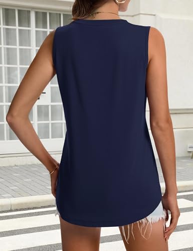 YUCOLEN Women's Tank Tops Loose Fit V Neck Summer UPF 50+ Flowy Curved Hem Basic Casual Sleeveless Tops - color: Navy, size: Large