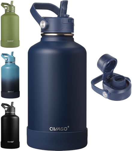 CIVAGO 64 oz Insulated Stainless Steel Water Bottle with Removable Straw | Half Gallon Large Leakproof Water Jug, Big Metal Sports Flask Cup with Bucket Handle, Silicone Boot, Dishwasher Safe, Navy - color: .Navy, size: 64 Ounces