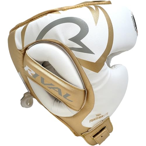 RIVAL Boxing RHG100 Professional Headgear - Lightweight Construction with Wide, Lateral Eye Opening for Maximum Visibility - color: White/Gold, size: Medium