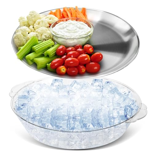 1 Set 11.8" Chilled Serving Tray for Parties with Compartments Ice Chilled Party Platter Charcuterie Serving Board Cold Dish Dip for Fruit Seafood Vegetable Shrimp Cocktail (Natural)