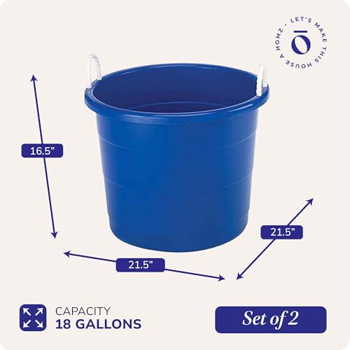 HOMZ 2-Pack Utility Tub, Large Plastic Storage Bucket with Rope Handles, 17 Gallon, Blue - Portable Indoor and Outdoor Buckets for Kitchen, Laundry, Garden, Bathroom, and Garage Organization