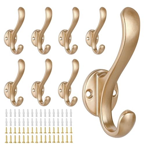 8 Pack Coat Hooks Wall Mount Heavy Duty Utility Retro Double Hooks for Hanging Coats,Hat, Towel, Key, Robe, Scarf, Bag, Cap (Gold) - color: 8 Pack-Gold