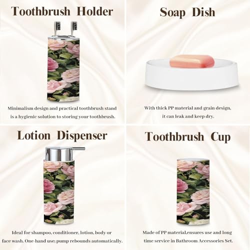Bathroom Accessory Set 6 Piece Peony Roses Black White Stripes Flowered Trash can, Toothbrush Holder, Toothbrush Cup, Soap Dispenser, Soap Dish, Toilet Brush Holder - color: Color2