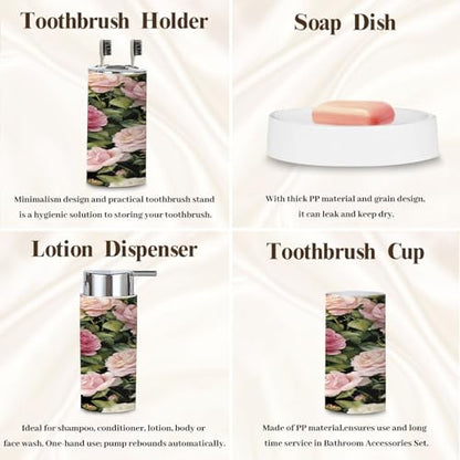 Bathroom Accessory Set 6 Piece Peony Roses Black White Stripes Flowered Trash can, Toothbrush Holder, Toothbrush Cup, Soap Dispenser, Soap Dish, Toilet Brush Holder - color: Color2