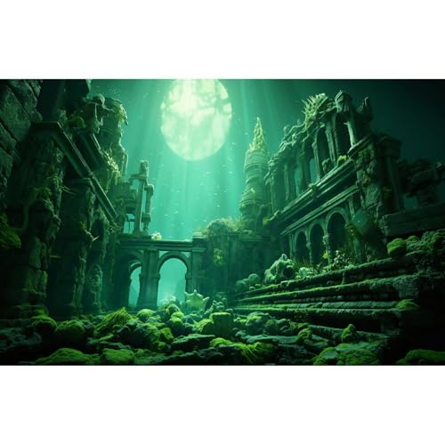 Underwater Aquarium Background Undersea Roman Building with Plants Around Seabed Fish Tank Background Underwater Building Stone with Moss Terrarium Background Undersea Aquarium Backdrop 30x12in - color: Ocean Green, size: 30(W)x12(H)in