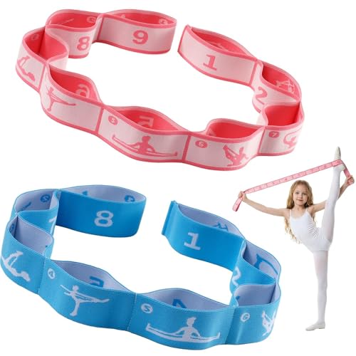 2 PCS Stretch Strap for Kids Gymnastics Multi-Loop Elastic Strap for Ballet, Latin, Dance, Yoga, Children Flexibility Training & Exercise Resistance Yoga Band- 8 Loops - color: Red & Blue
