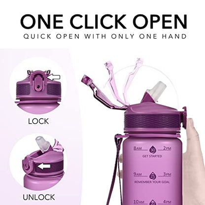 Hyeta Plastic Water Bottle With Straw & Time Marker, 32oz Leakproof Jug - color: Lavender