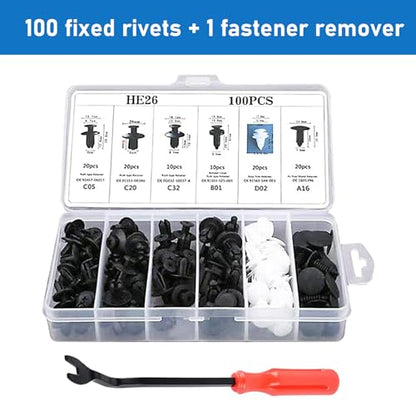 100 PCS Car Buckle Combination Set, PA66 Injection Molded Bumper Push Fastener Rivet Clamp Expansion Screw, Universal Fastening Screw Replacement Kit, Suitable for Most Models (Black & White)