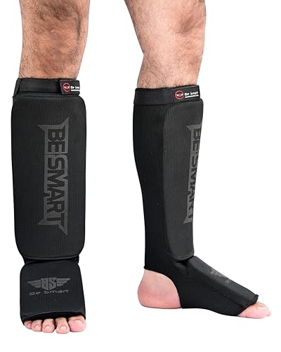 Be Smart MMA Shin Guards for Kickboxing, Muay Thai & Martial Arts – Padded Instep Protection, Lightweight Cotton Elastic Shin Pads – Adult & Youth Training Gear - color: Black/Black, size: Large-X-Large