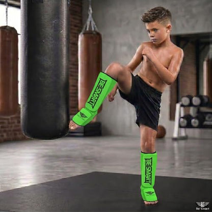 Be Smart Kids, Adults, Youth, Men and Women Muay Thai MMA Kickboxing Shin Guards, Instep Guard Training, Sparring Protective Gear Equipment Shin Kick Pads - color: Green, size: XXS ( 9 to 13 Years )