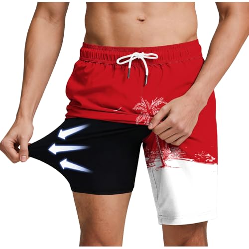 Men's Swim Trunks with Compression Liner Drawstring Bathing Suits Board Beach Shorts with Pockets - color: Red, size: 3X-Large