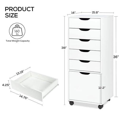 TUSY Mobile File Cabinet, 5-Drawer Storage Cabinet, Vertical Rolling Storage Organizer Chest with Wheels & Anti-Tip Kit, for Home Office, Craft Room, Bedroom, White