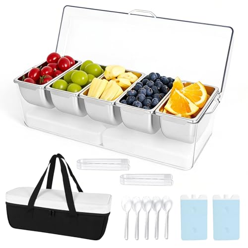Chilled Condiment Caddy with 5 Removable Stainless Steel Compartments, Includes Portable Insulated Tote Bag and 2 Ice Packs, Serving Tray for Picnic, Outdoor, Party and Travel