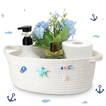 Boho Coastal Toilet Paper Storage Basket, Cute 3D Starfish Ocean Decor Cotton Rope Bathroom Storage Basket, Beach Bathroom Organizer Bin for Toilet Tank Counter Shelf Nursery, 12 x 8 x 5 Inch