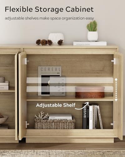 Buffet Storage Cabinet Set of 3, Sideboard Accent Cabinet with Adjustable Shelves and Handless Design, Credenza, Console Table for Living Room, Light Oak