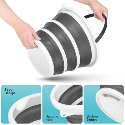 Superio Collapsible Bucket 2 Gallon Bucket with Handle Grey Car Wash Bucket Small Foldable Silicone Pail for Camping, Fishing, Cleaning, Mopping, 10 Liter