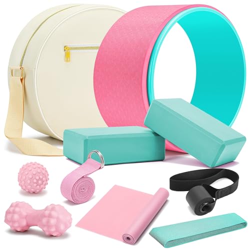 All in One Yoga Wheel Set, Soft Foam Roller Wheel for Back Pain & Stretching, Yoga Blocks 2 Pack with Strap, Trigger Point Therapy Massage Ball for Deep Tissue, Yoga Starter Kit for Beginner - color: C1, Pink