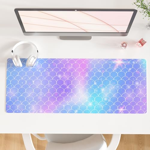 QiyI Large Desk Pad, Colorful Mouse Pad Desktop Decor, Waterproof PU Leather Desk Cover Protector, Desk Accessories for Office Home Work Writing Gaming 31.5" x 11.8" - Gradient Fish Scales - color: Gradient Fish Scales, size: 31.5" x 11.8"