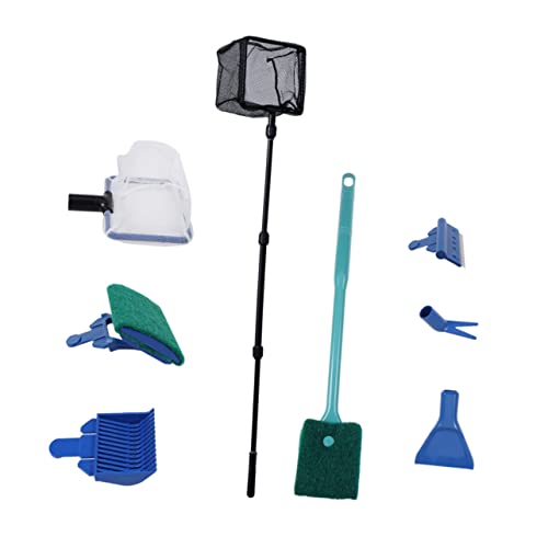 Aquarium Durable Fish Tank Tools Kit with Gravel Rake Scraper Plant Fork Sponge Brush Net for Easy Aquarium Maintenance Green