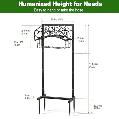 Garden Hose Holder, Freestanding Water Hose Holder Stand with Storage Basket, Sturdy Metal Garden Hoses Storage Rack Holds 150FT for Outside Yard Lawn Farm